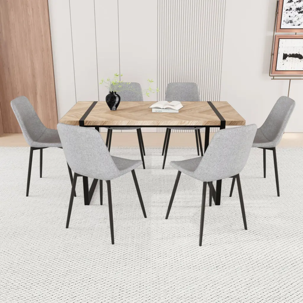 59 Inch MDF Light Wood Dining Table and Modern Dining Chair 8 Piece Set nuoli furniture