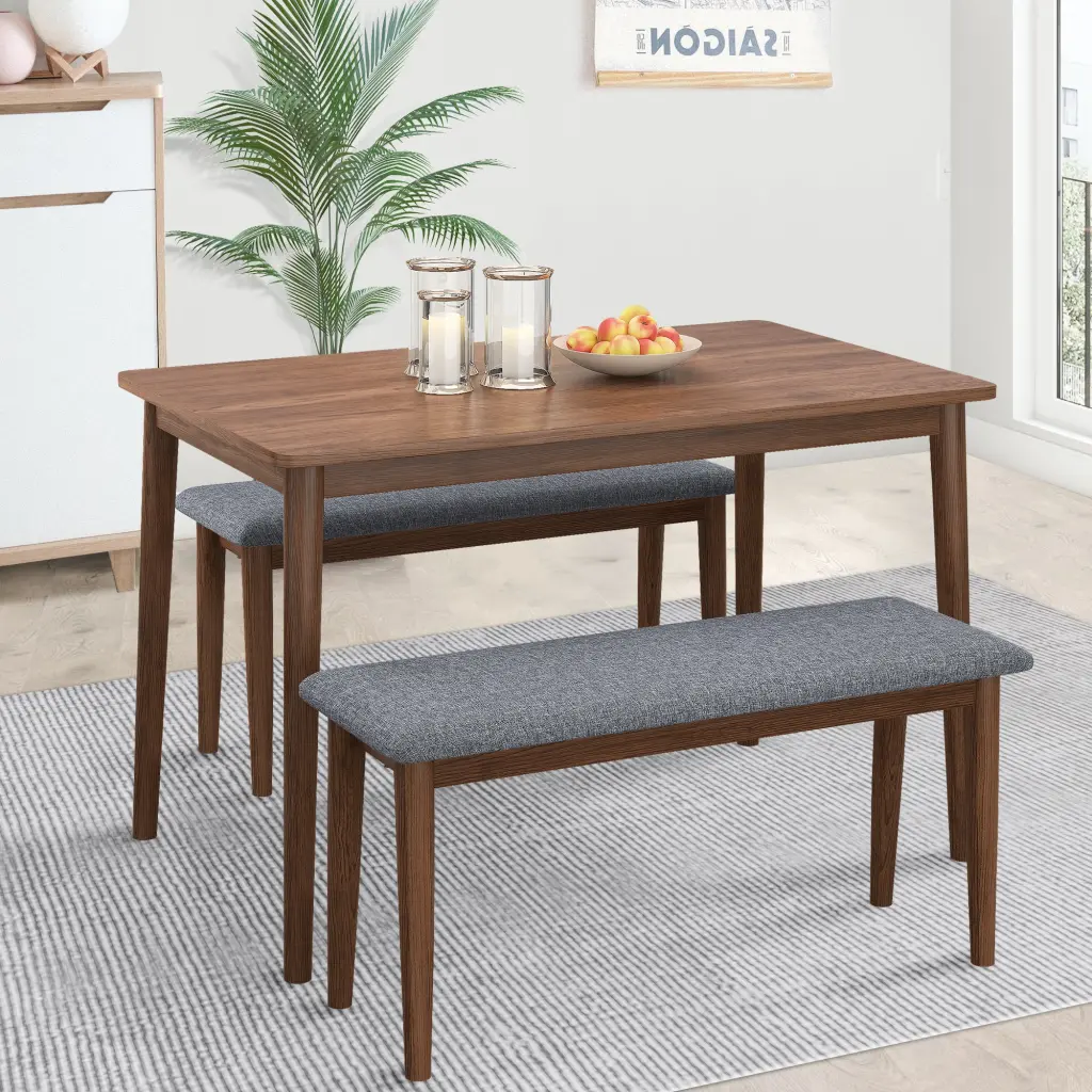 3 Pieces Modern Dining Table Set Rectangular Table and 2 Benches rnb