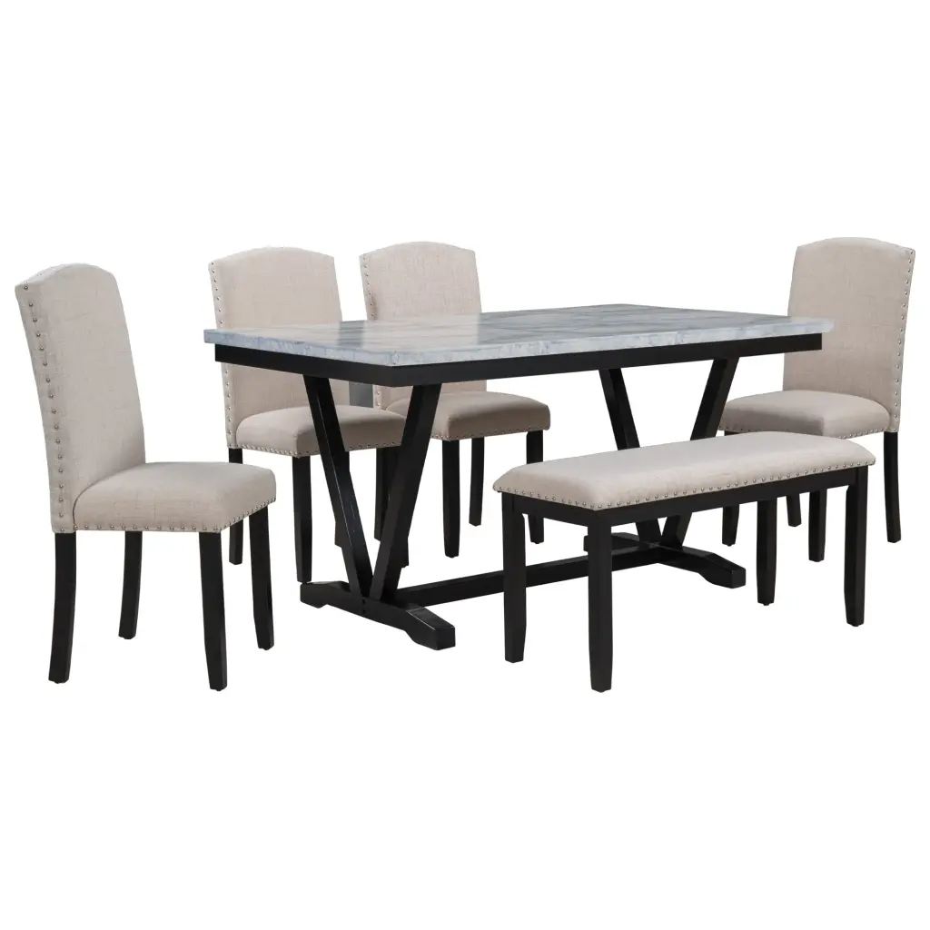 Modern Style 6 Piece Dining Set Table 4 Chairs and 1 Bench Kitchen trexm