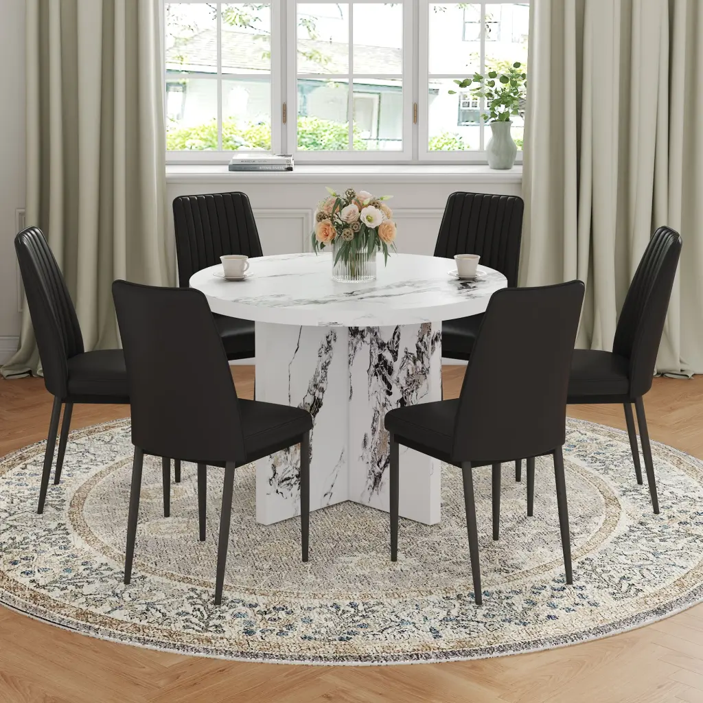 7 Piece Round Dining Table Set 42 Inch Modern Table And 6 Upholstered Chairs a-q house