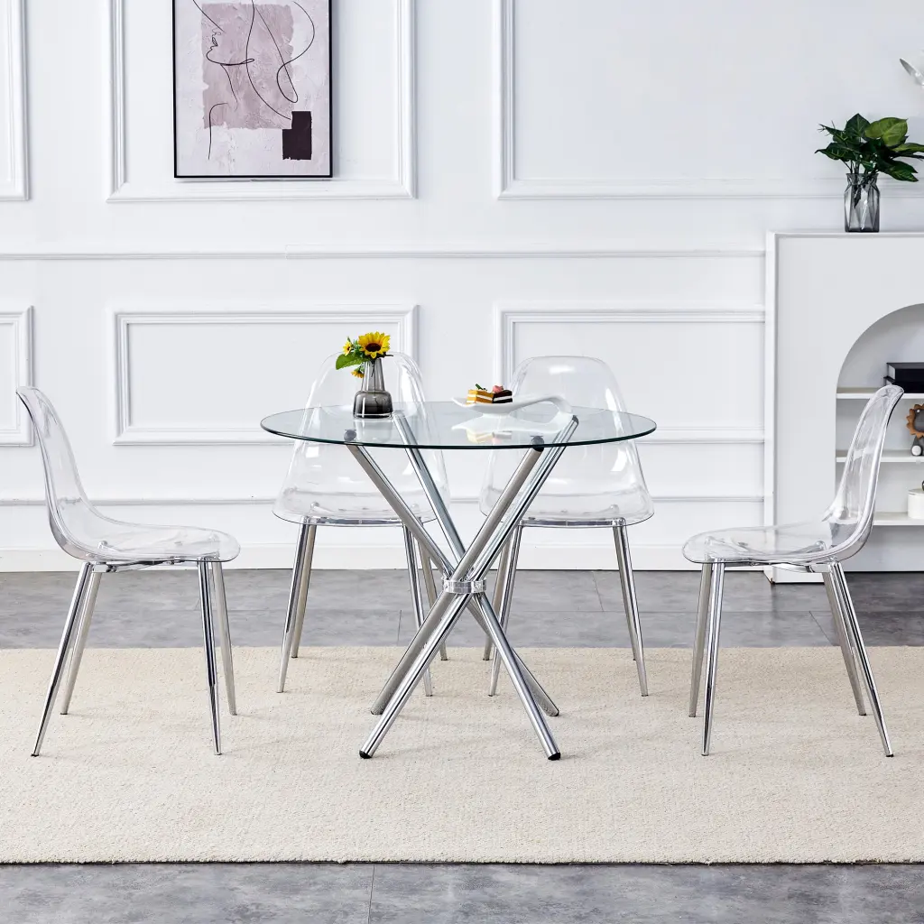 36.6 Inch Round Clear Crystal Dining Table Unique Grey Chairs Set droom w-1151
