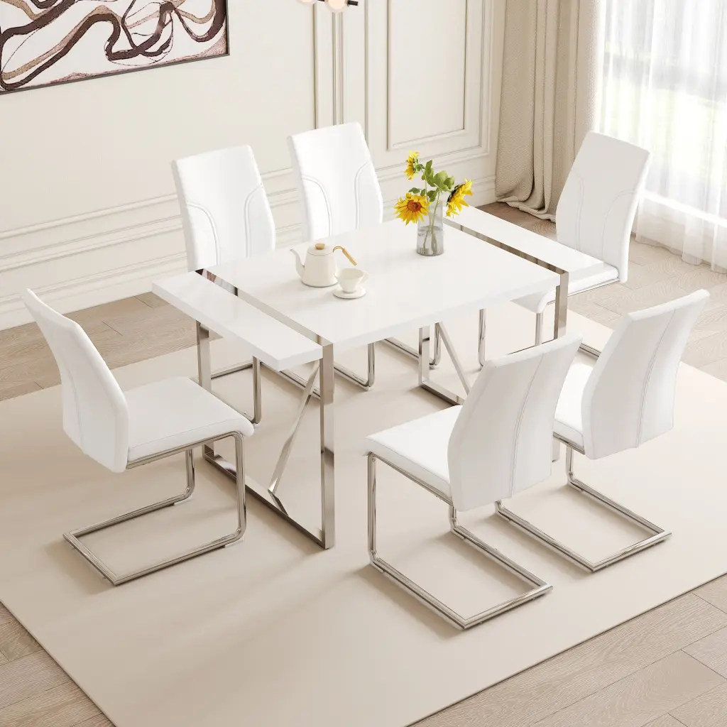 55x31.5 Inch MDF Painting Dining Table Set 6 PU Chairs Modern Kitchen Furniture droom w-1151