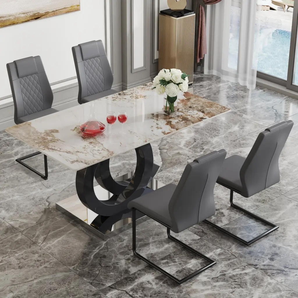 63x31.5 Inch Marble Pattern Sintered Stone Table and Chair Set Modern Dining Set droom w-1151