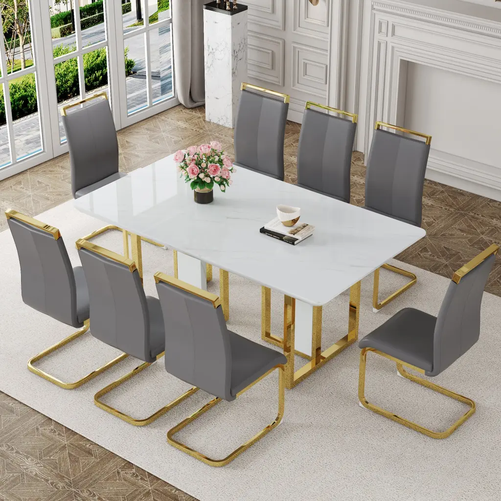 67X36 Inch White Marble Pattern MDF Dining Table and Chair Set droom w-1151