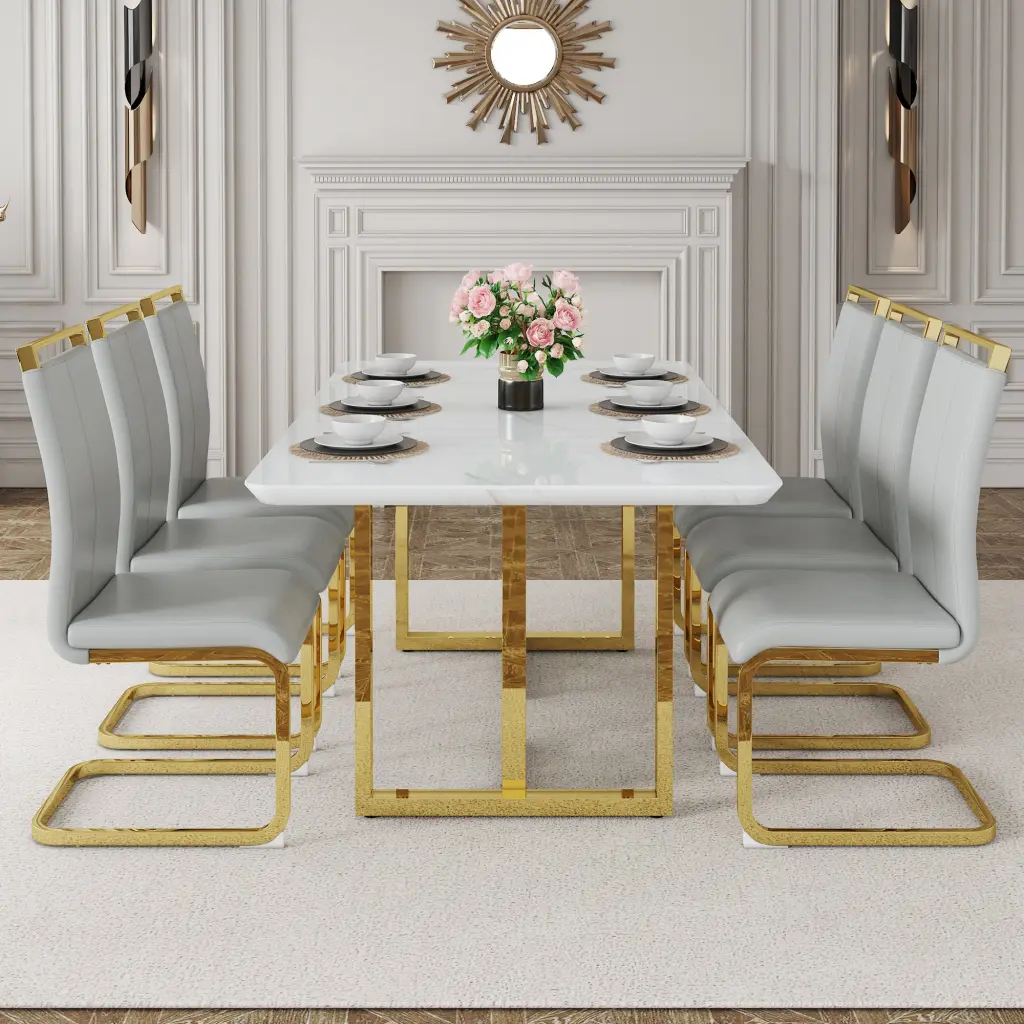 67X36 Inch White Marble Pattern MDF Dining Table And Chair Set 4-6 People droom w-1151