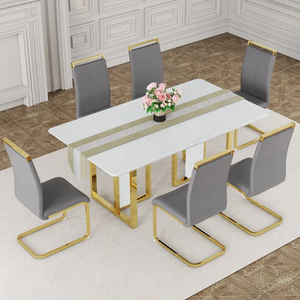 67x36 Inch White Stone Pattern MDF Dining Table and Chair Set Small Spaces droom w-1151