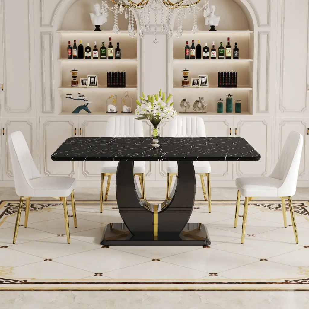 Black Stone MDF Dining Table and Chair Set - 63W x 37D x 30H Modern Kitchen Furniture droom w-1151