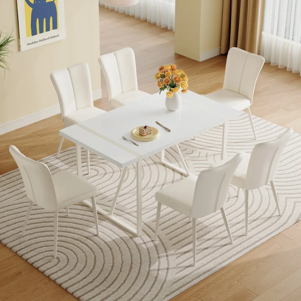 55 Inch Cream White MDF Dining Table Set 6 Armless Chairs Modern Kitchen Furniture droom w-1151