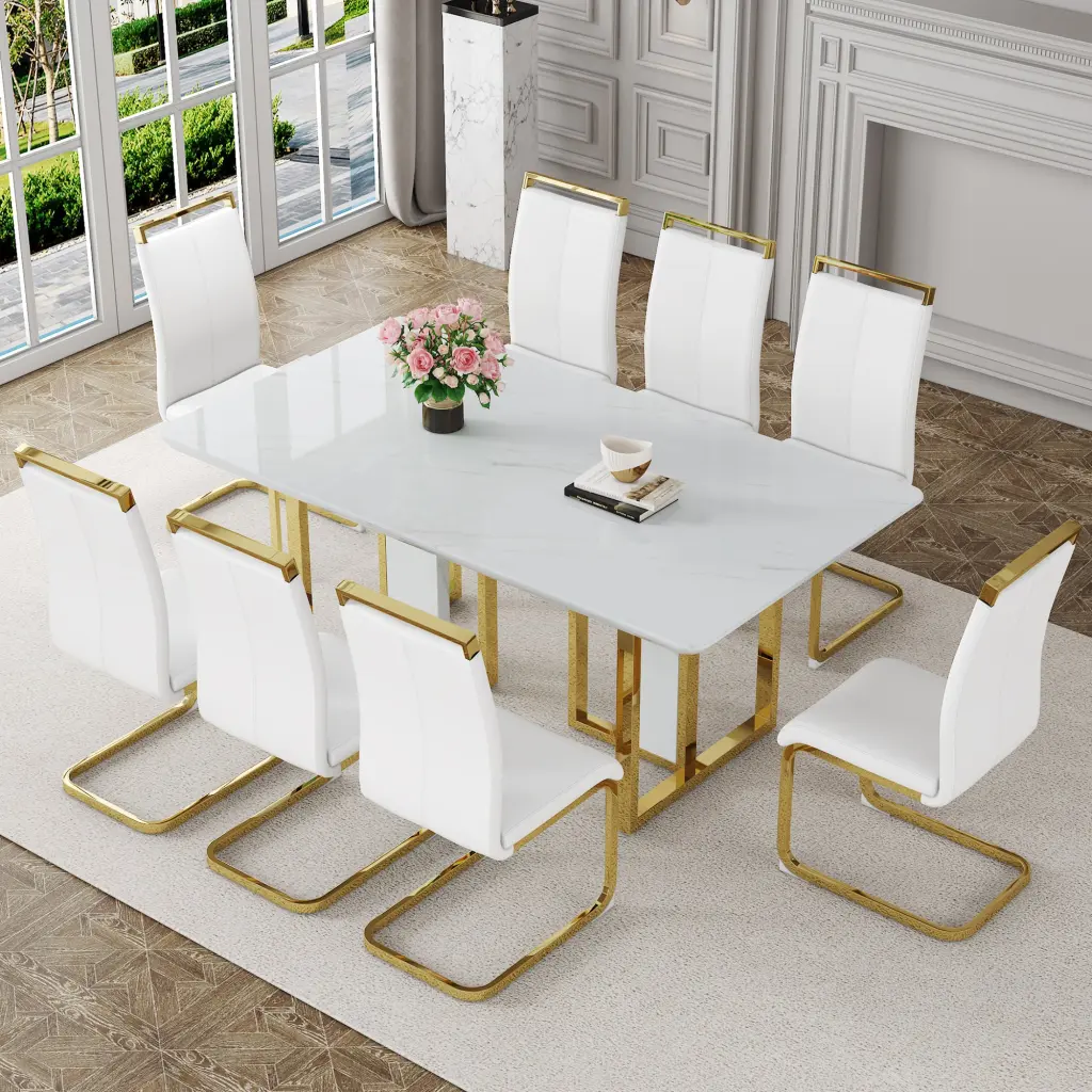 67 Inch White Marble Pattern MDF Dining Table and Chair Set droom w-1151