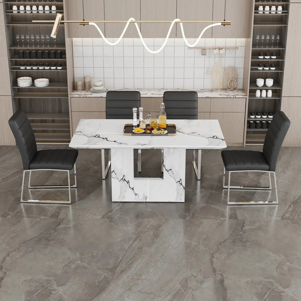 63 Inch White Stone Pattern MDF Dining Table and Chair Set droom w-1151