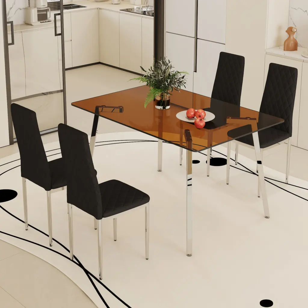 Large Modern Rectangular Table Brown Crystal Top and Chair Set droom w-1151