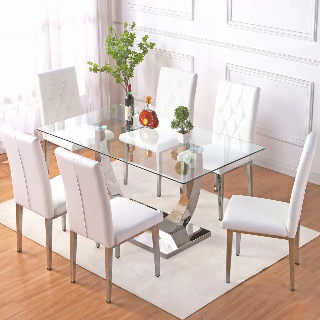 Modern Dining Table and Chair Set Tempered Crystal Tabletop 4-6 People droom w-1151
