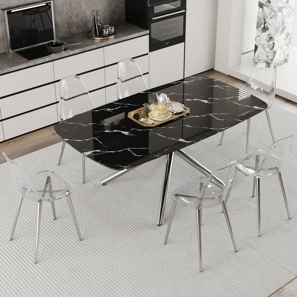 Modern Luxurious Black Stone Patterned Tempered Glass Table And Chair Set Dining Room Furniture droom w-1151