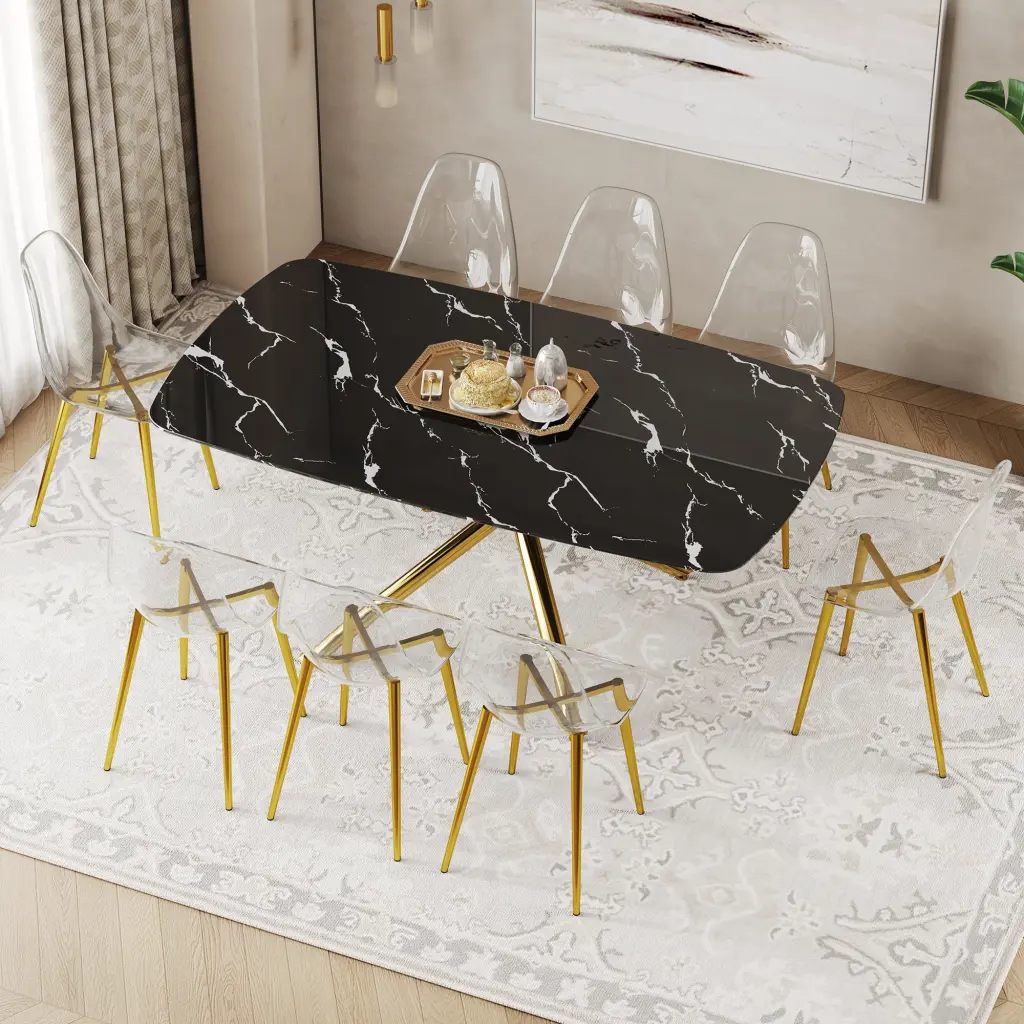 Modern Luxurious Black Stone Patterned Tempered Glass Dining Table and Chair Set droom w-1151