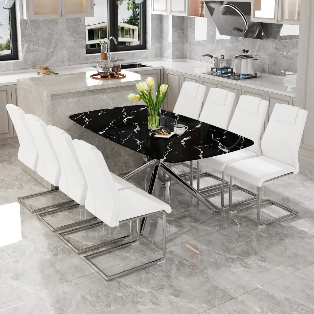 Modern Opulent Black Marble Table and Chair Set Dining Room droom w-1151