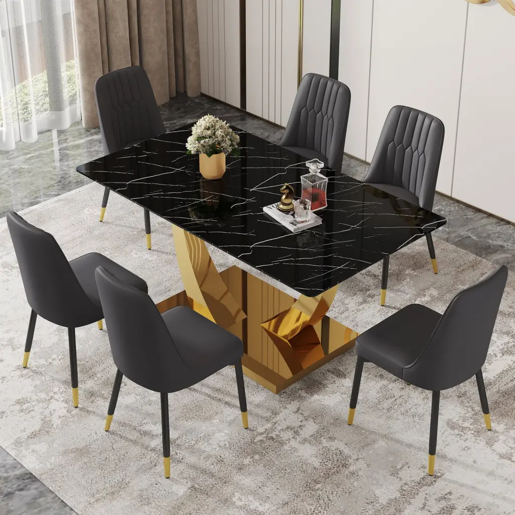 Modern Rectangular Dining Table And Chair Set Black Texture droom w-1151