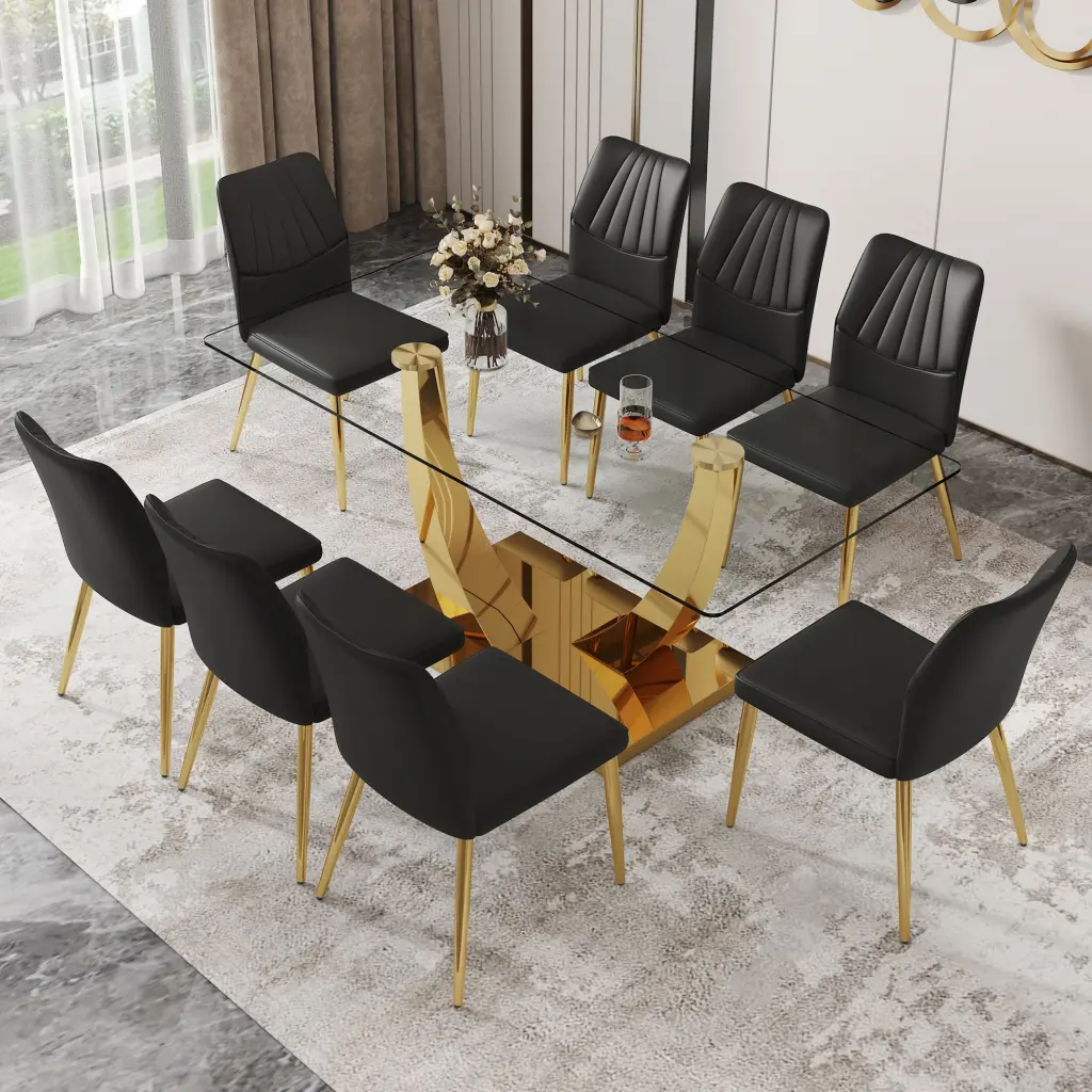 Modern Rectangular Dining Table Transparent Top and Chair Set droom w-1151