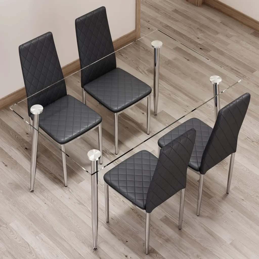 Rectangular Dining Table Set Tempered Glass Top and Chairs droom w-1151