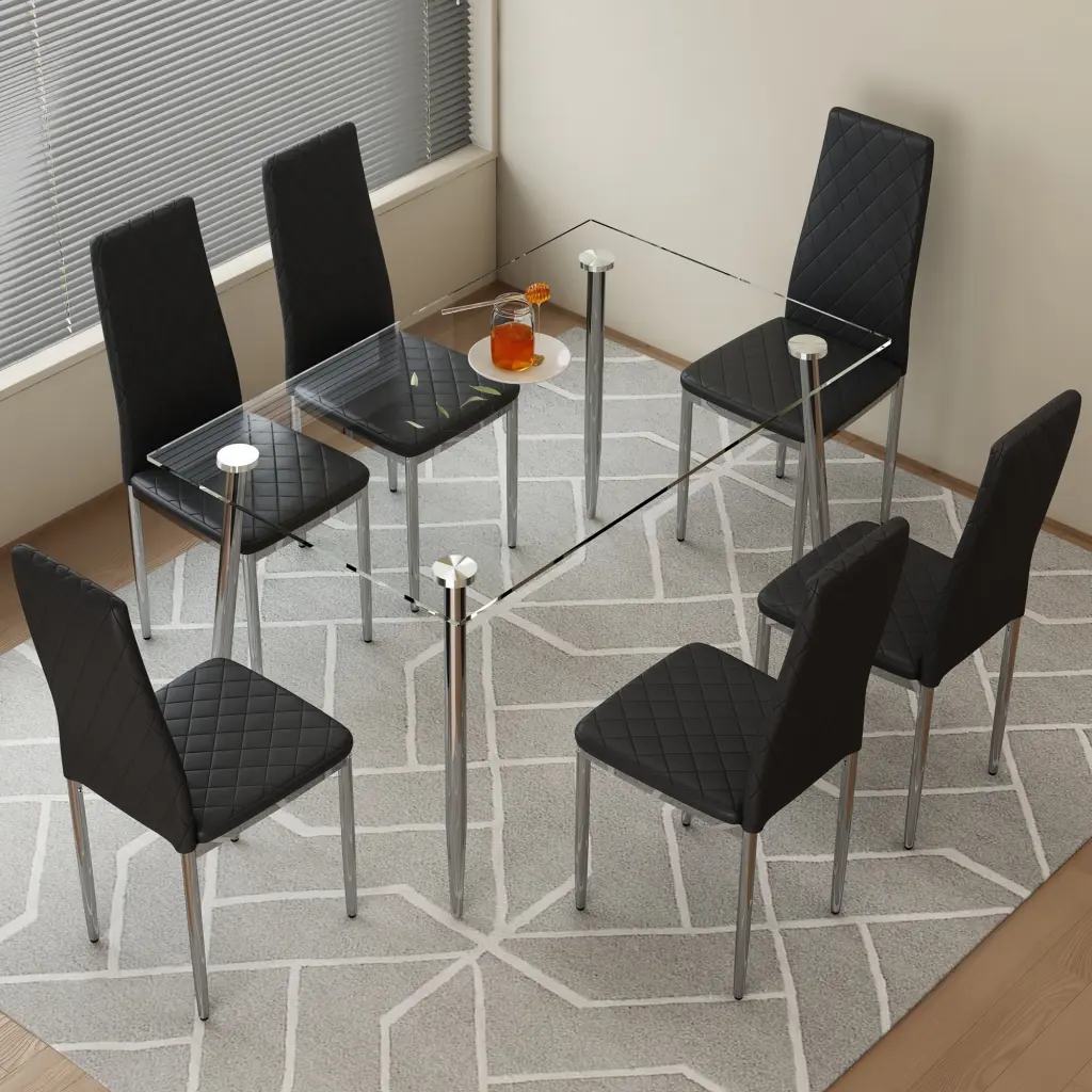Rectangular Dining Table Tempered Glass Table and Chair Set Modern Dining Room droom w-1151
