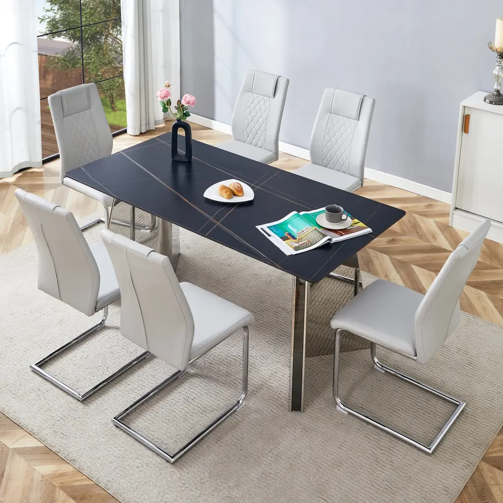 Table And Chair Set 63X31.5X30 Black Stone Patterned Slabs Tabletop droom w-1151