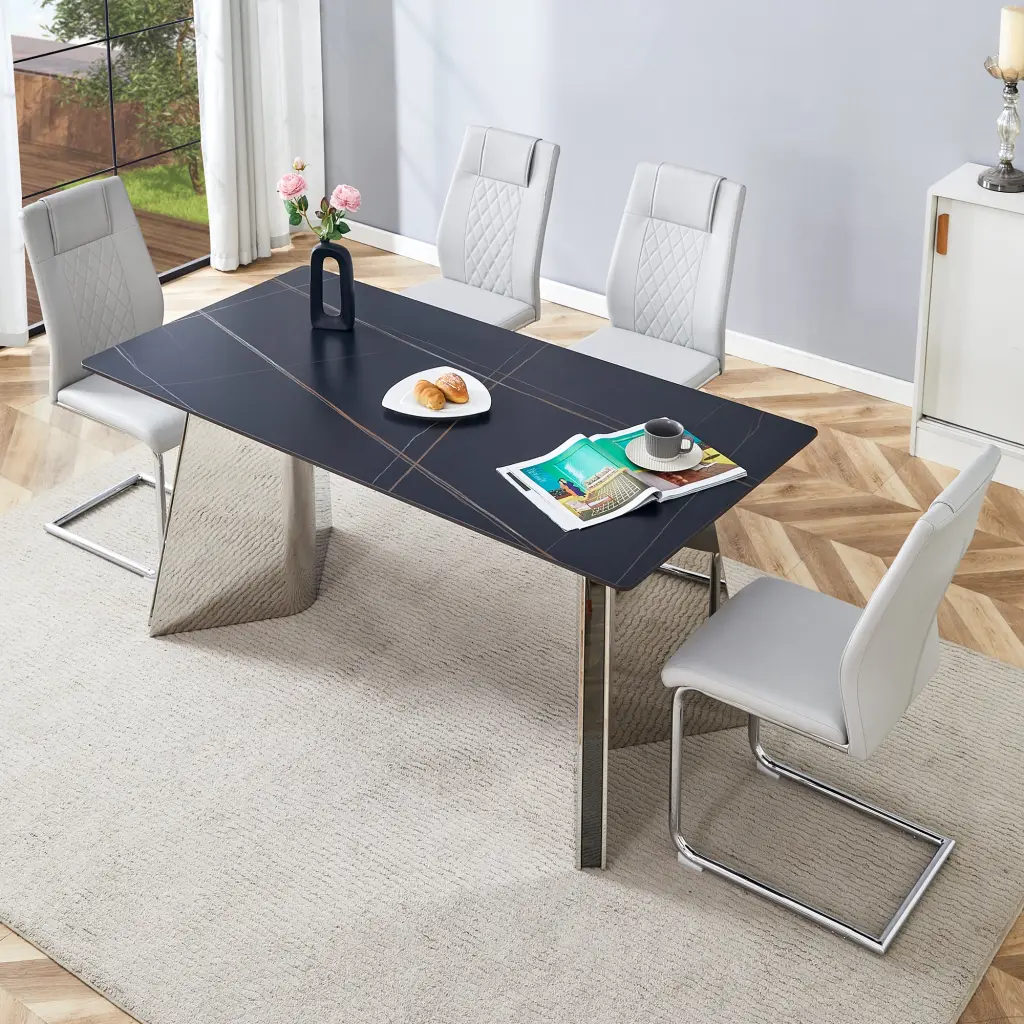 Table And Chair Set 63X31.5X30 Black Stone Patterned Slabs Tabletop droom w-1151
