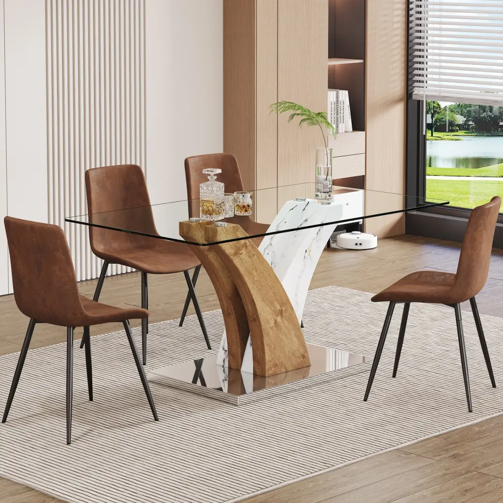 Table And Chair Set Modern Dining Table Tempered Crystal Countertop 4 Chairs Kitchen Set droom w-1151