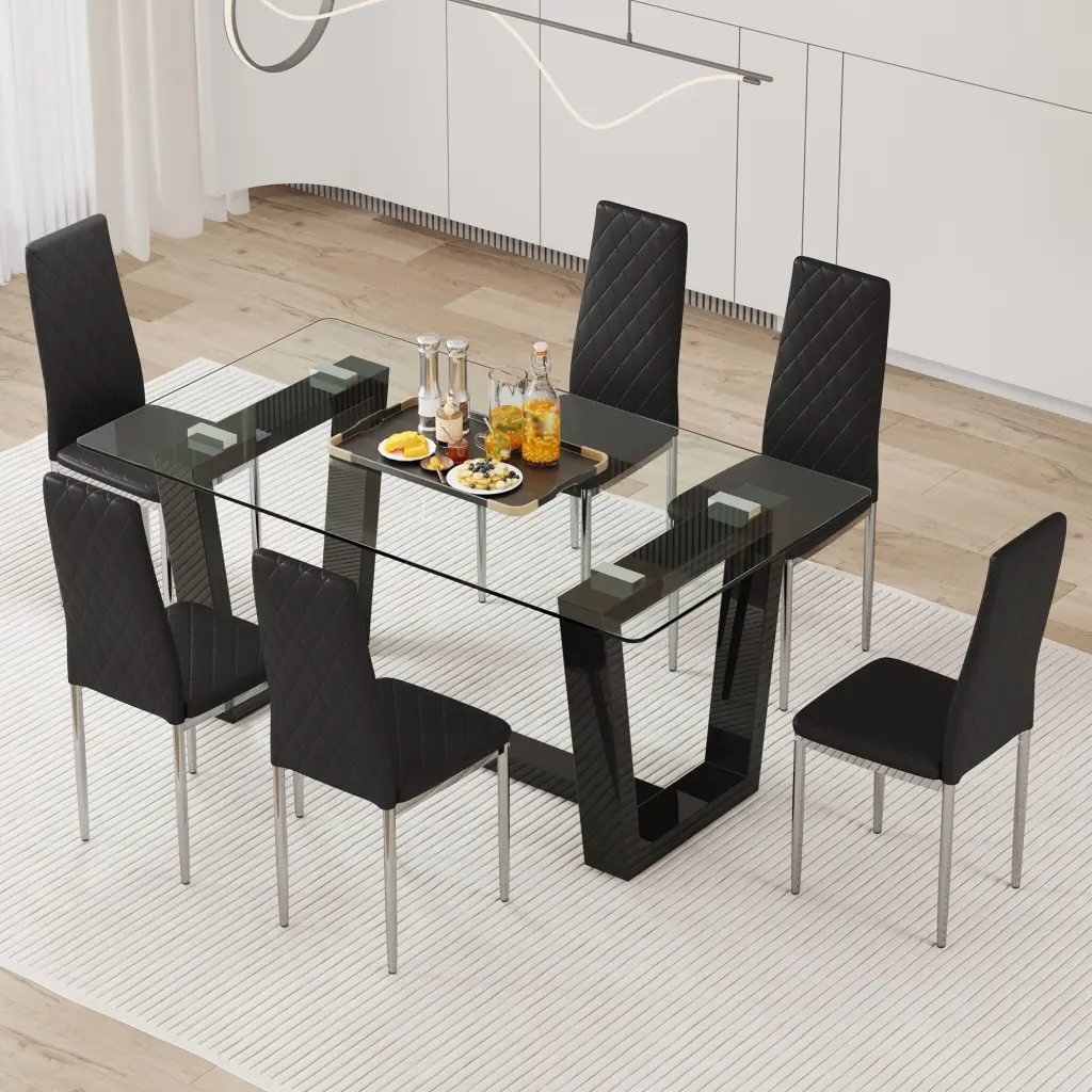 Table And Chair Set Rectangular Dining Table Tempered Glass Modern Kitchen droom w-1151
