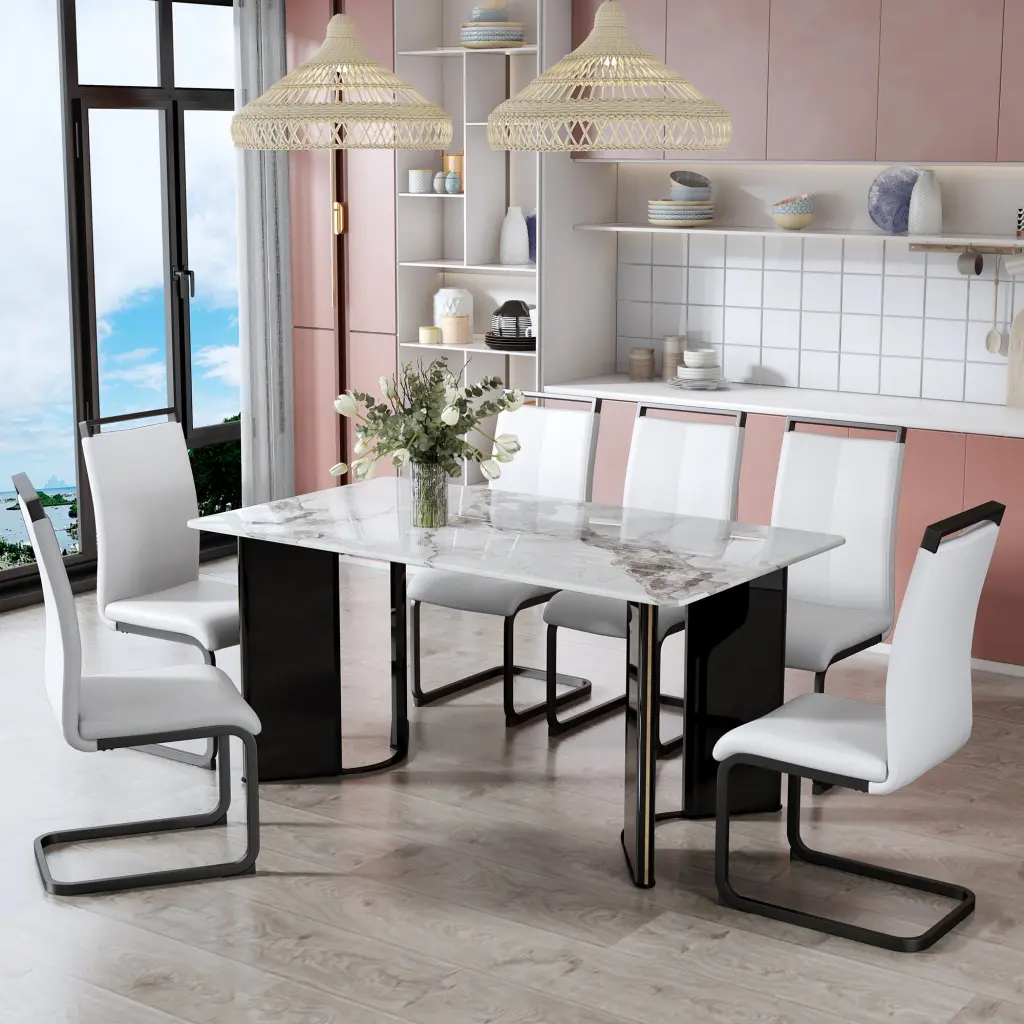 White Imitation Stone Table and Chair Set MDF Legs Modern Dining Set droom w-1151