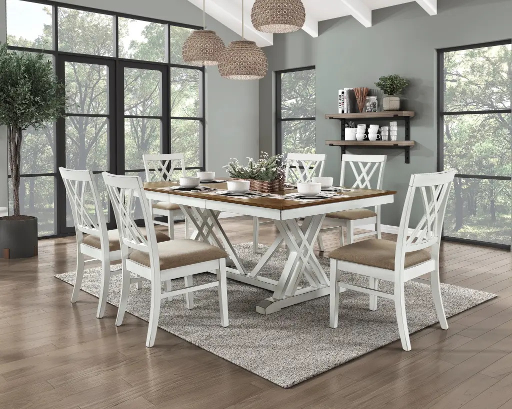 Modern White and Oak Finish 7 Piece Dining Set Extension Leaf kanepe
