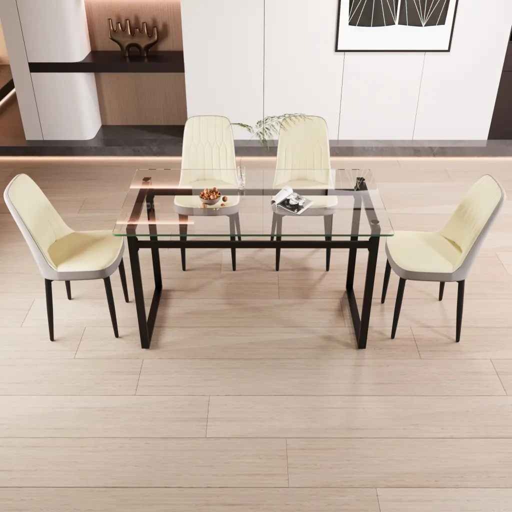 51 Inch 4 Person Glass Dining Table Set Kitchen Set Black Metal Legs nuoli furniture