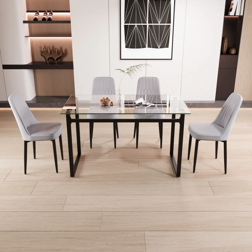 51 Inch 4 Person Glass Dining Table Set Black Metal Legs Modern Kitchen Set nuoli furniture