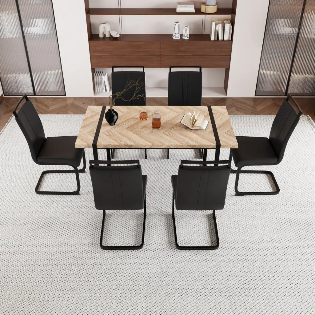 59 Inch Rural Industrial Rectangular MDF Light Timber Dining Table Set nuoli furniture