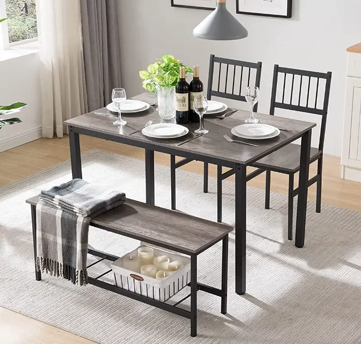 Dining Table Set 4 Kitchen Table 2 Benches Wood Tabletop and Metal Legs relax down