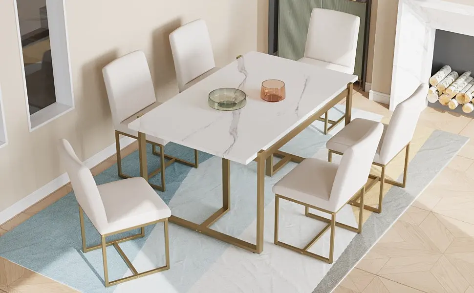 Modern Faux Marble Dining Table Set 6 Upholstered Chairs rnb