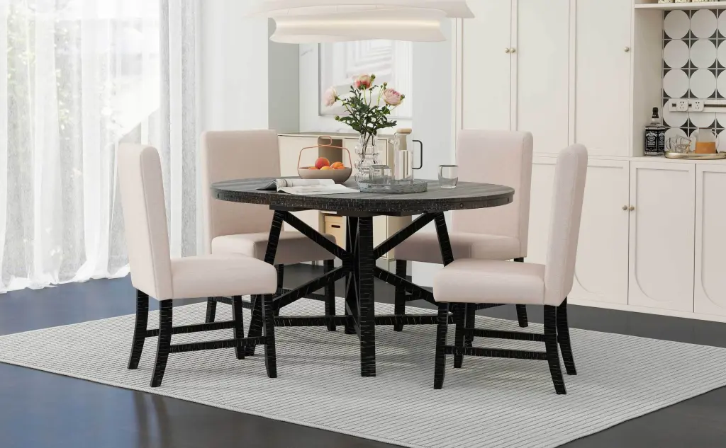 5 Piece Retro Practical Dining Set Extendable Round Table and Chairs rnb