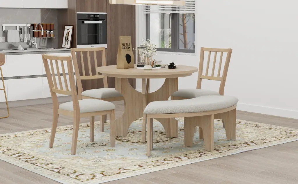 5 Piece Round Dining Table Set Curved Bench 44 Inch Kitchen Furniture rnb