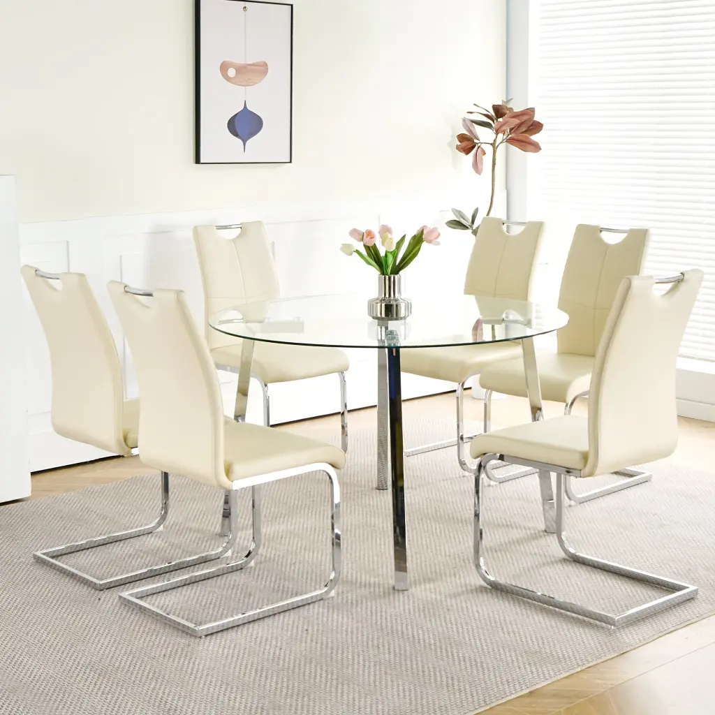 Modern Effortless Table Glass Round Table And Six Transparent Chairs youngmagic