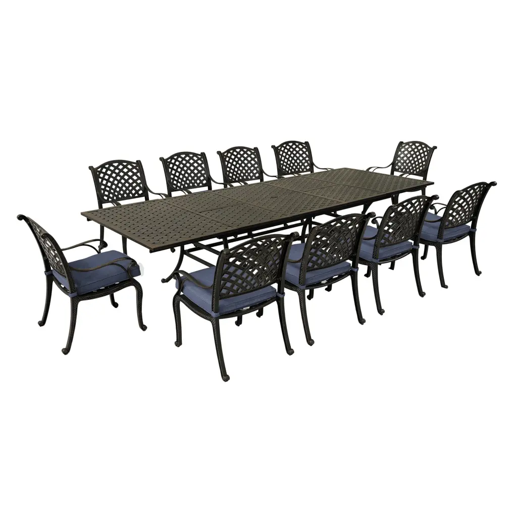 10 Person Rectangular Dining Set Navy Blue Cushions 126.38 Inches Long gathercraft