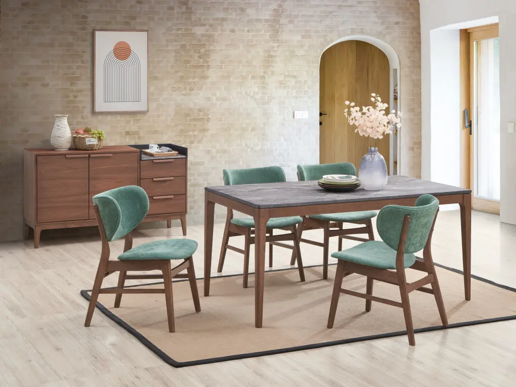 Bevis Dining Table Stone and Walnut Finish Modern Dining Room acme onsite store