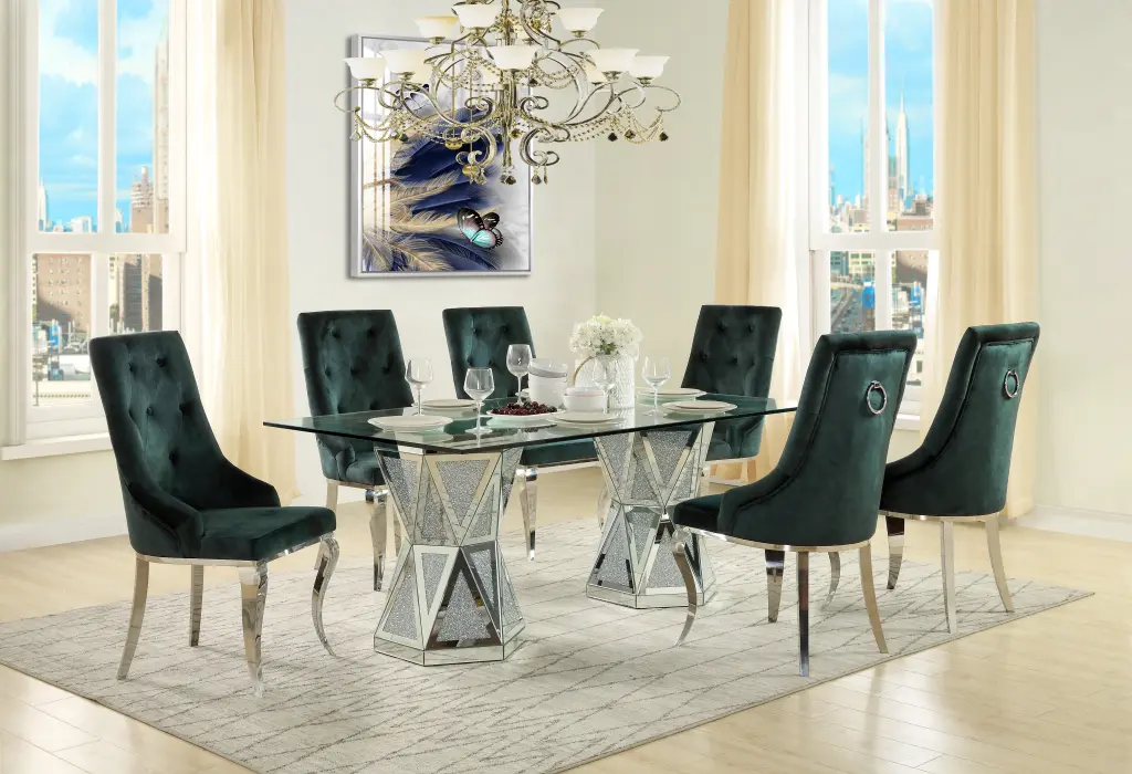 Noralie Dining Table Mirrored Top and Faux Gemstones Shiny Metal Crystal acme onsite store
