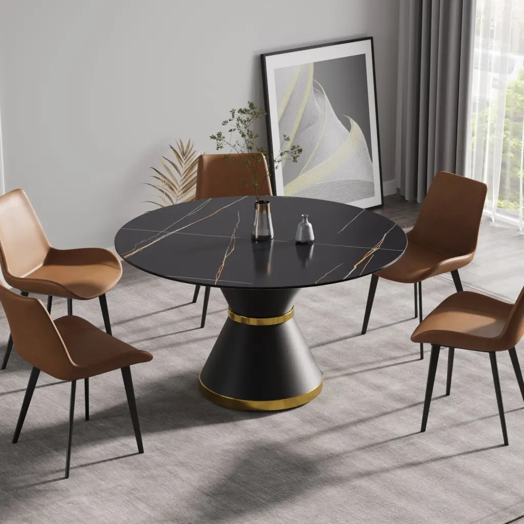 53.15 Inch Modern Artificial Marble Round Black Carbon Alloy Metal Base Dining Table atunus