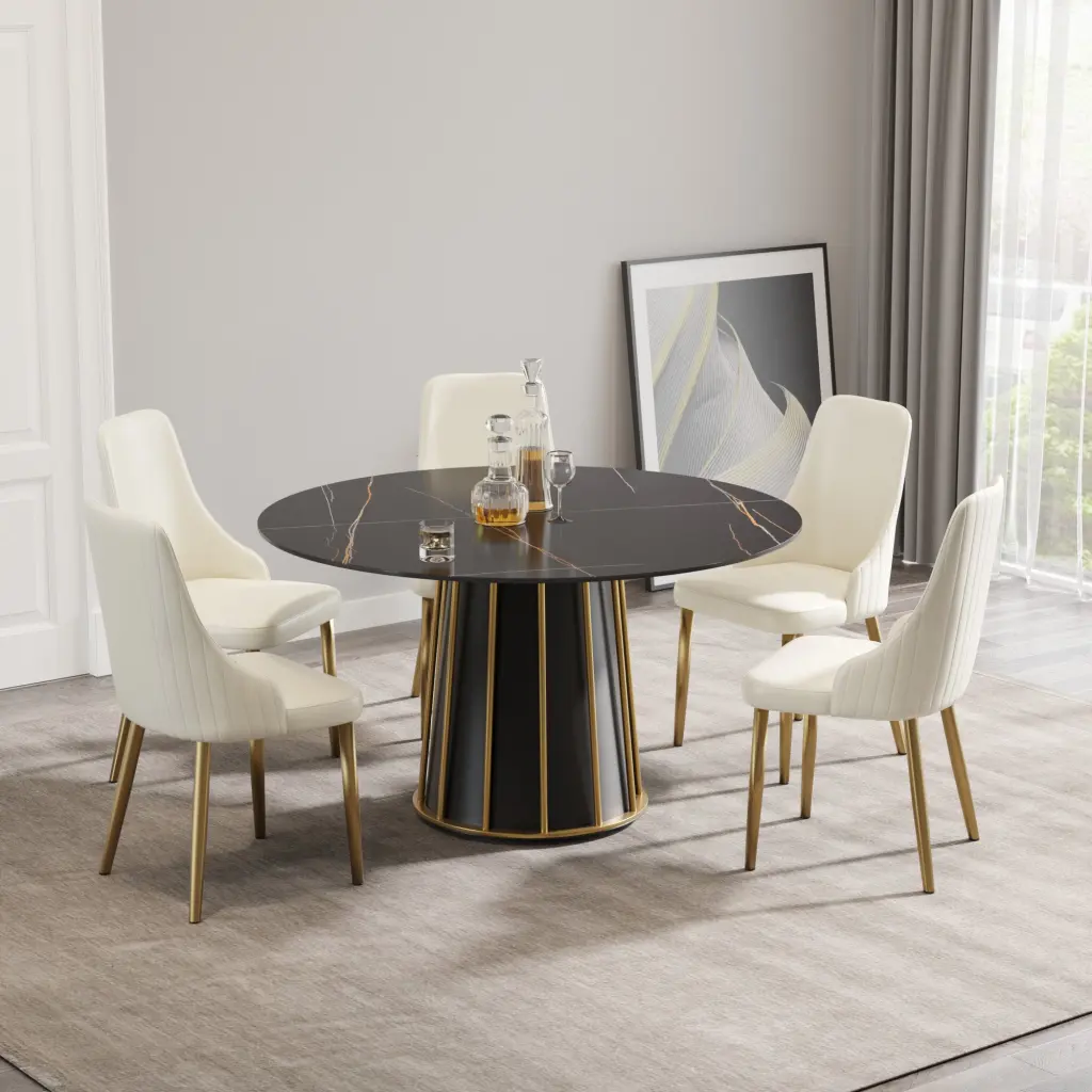 53.15 Inch Modern Artificial Marble Round Black Metallic Ferrous Metal Base Dining Table atunus