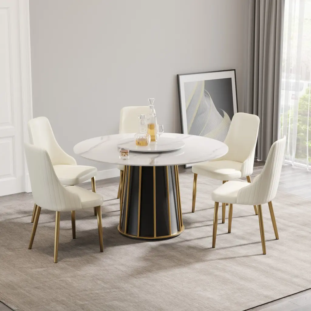 53.15 Inch Modern Artificial Marble Round Dining Table Metallic Base, White atunus