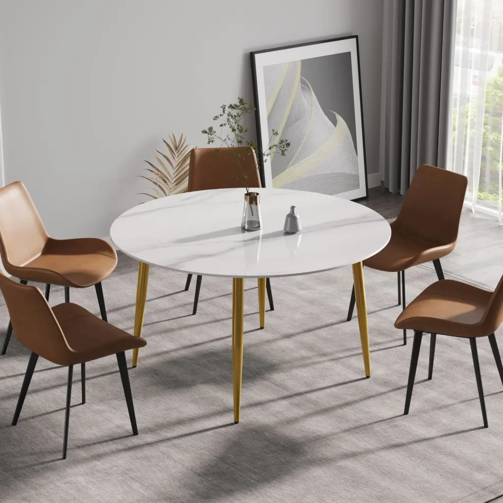 53.15 Inch Modern Man Made Marble Round Dining Table Precious Metal Base atunus