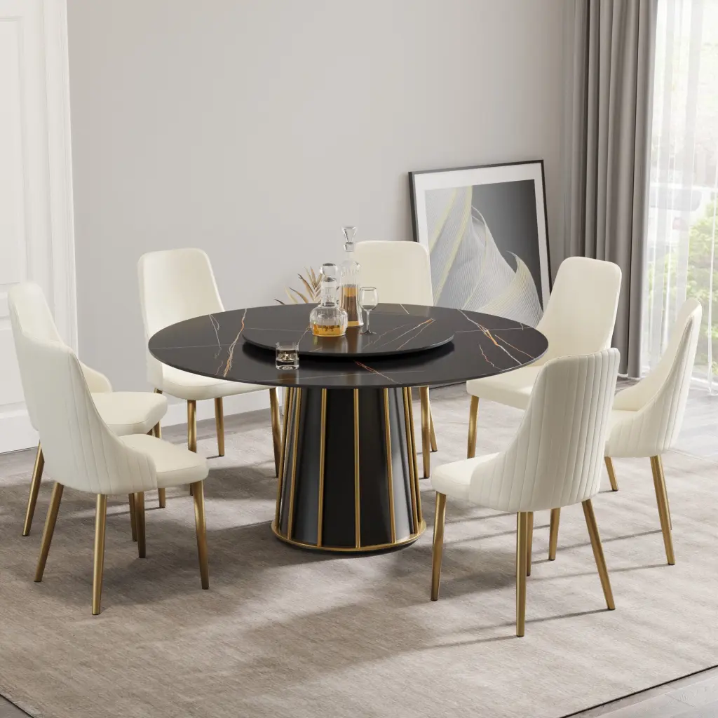 59.05 Inch Modern Artificial Marble Round Black Metallic Ferrous Metal Base Dining Table atunus