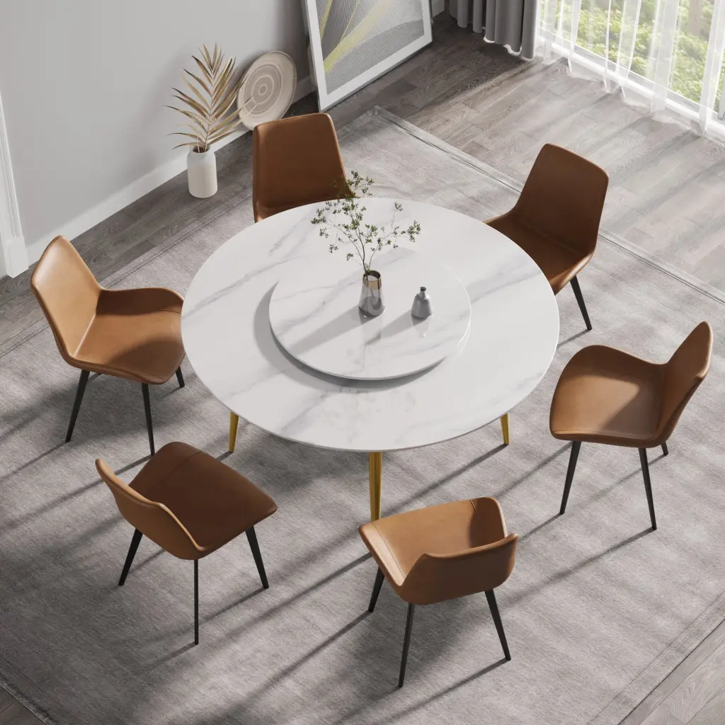 59.05 Inch Modern Artificial Marble Round Dining Table Precious Metal Base atunus