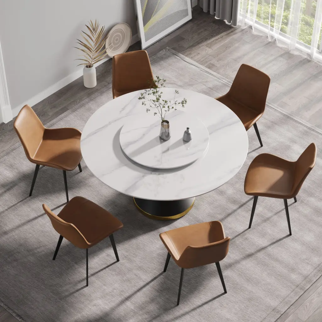59.05 Inch Modern Round Dining Table Artificial Marble Top And Black Carbon Alloy Metal Base atunus