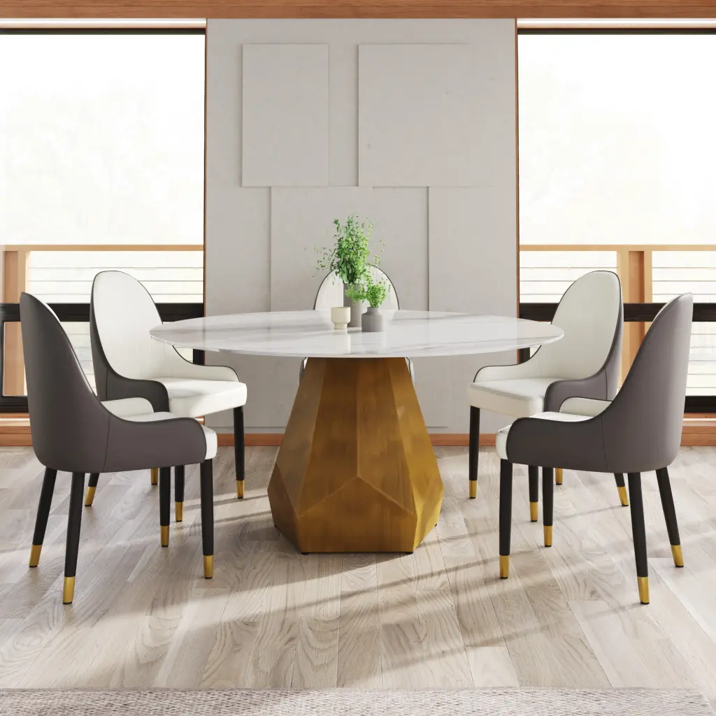 59.05 Inch Round Marble Dining Table Metal Base Artificial Marble Top Modern Kitchen Furniture atunus