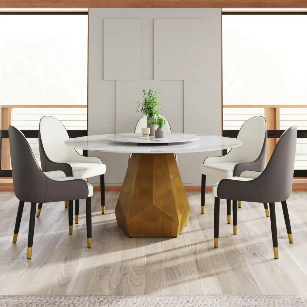59.05 Inch Round Marble Dining Table Metal Base Artificial Marble Top atunus