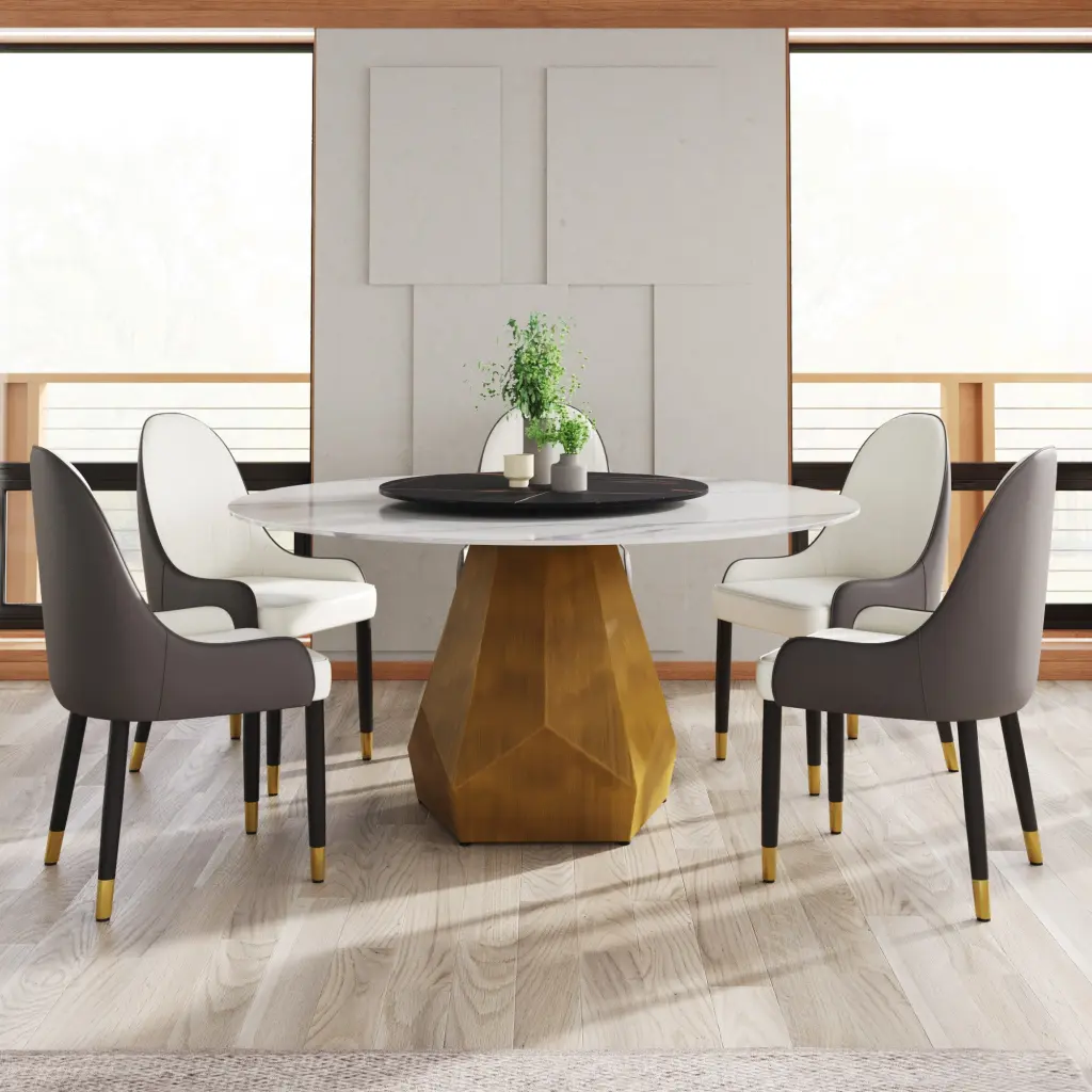 59.05 Inch Round Marble Dining Table Metal Base Artificial Marble Top atunus